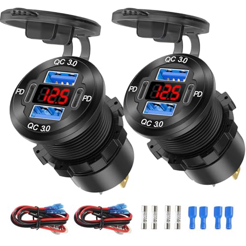2 Pack 12V USB Outlet 4 Port Car Charger Socket, 78W Dual PD USB C and Dual Quick Charge 3.0 Port Aluminum Charger with Red Voltmeter DIY Kit Waterproof for Car Boat Marine Motorcycle RV Truck, etc - color: 2 pack