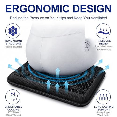 Gel Seat Cushion, Cooling Honeycomb Breathable Seat Pad 16.5x13In Black Portable, Storage, Pressure Relief Support, Breathable Quick-Dry Mesh, Office、Car、Wheelchair Use, 16.5x13In Washable, Grey - color: Black