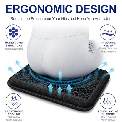 Gel Seat Cushion, Cooling Honeycomb Breathable Seat Pad 16.5x13In Black Portable, Storage, Pressure Relief Support, Breathable Quick-Dry Mesh, Office、Car、Wheelchair Use, 16.5x13In Washable, Grey - color: Black