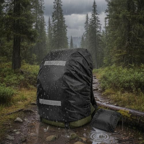 Backpack Rain Cover with Reflective Strips, Polyester Pack Cover for Hiking and Cycling, Black (1 PC)