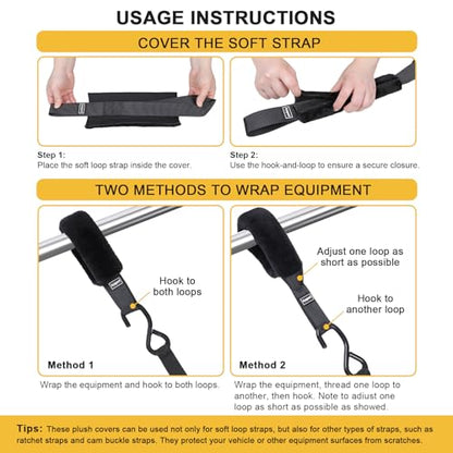 Ayaport Soft Tie Cover Set Include 4 pcs Synthetic Sheepskin Plush Covers and 4 pcs Soft Loop Tie Down Straps for Protecting Motorcycle, Dirt Bike, ATV, UTV etc. 1"x15" - size: 1"x15"