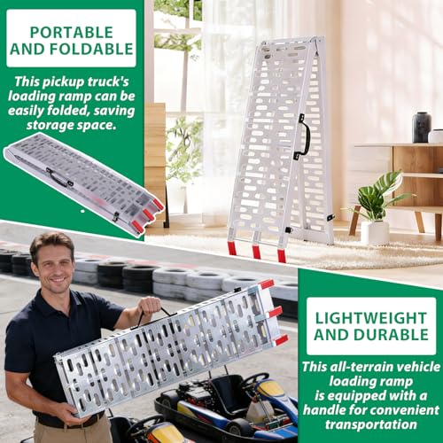 Generic 2PCS 7.3ft Aluminum ATV Ramp Folding Heavy Duty Ramp with Load Straps for Pickup Trucks Motorcycles ATVs Lawn Mowers