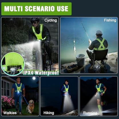 Gesture Sensing Running Light Reflective Vest with Pouch (Green) | ①45°Adjustable Angle②360°Reflective Strap③Multiple Lighting Mode④Waterproof IPX4⑤For Nighttime Walking Cycling Jogging Hiking - color: green