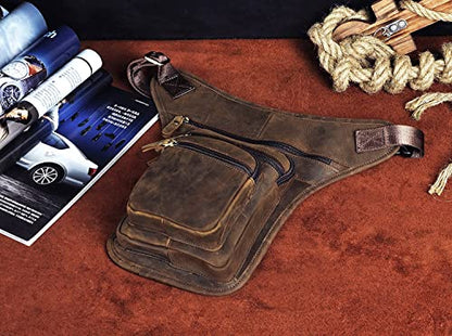 Le'aokuu Mens Genuine Leather Motorcycle Tactic Belt Waist Pack Drop Leg Cross Over Bag - color: 3111 A Brown