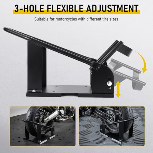 Motorcycle Wheel Chock Stand, Adjustable Front Wheel Chock with 3 Position Steel Cradle, Fits 15-21 in Wheels, 3-6.5 in Tires, Heavy Duty Tire Holder for Garage Trailer Truck