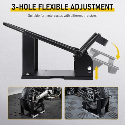 Motorcycle Wheel Chock Stand, Adjustable Front Wheel Chock with 3 Position Steel Cradle, Fits 15-21 in Wheels, 3-6.5 in Tires, Heavy Duty Tire Holder for Garage Trailer Truck