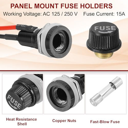 MECCANIXITY 5 Pcs Panel Mount Fuse Holder, 10/15A AC 125/250V 5 x 20mm Fuse Spade Terminal Screw Cap Fuse Holders with Pre-Soldered Wires and 15A Glass Tube Fuses - size: 5X20mm, style: 15A