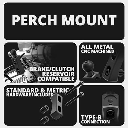 Tackform Aluminum Black Motorcycle Perch/Brake/Clutch Reservoir Adventure Phone Mount - Vibration Dampening and Wireless Charging | 3.5” Arm | Compatible with Harley-Davidson, Gold Wing, More - color: Black