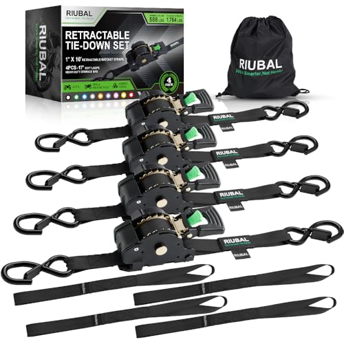 Retractable Ratchet Straps (4-Pack) - 1 Inch x 10 Feet (1,764lb Break Strength) - Auto Self Retracting Tie Down Straps Heavy Duty for Motorcycle, ATV, UTV, Truck, Cargo Trailer - Black - color: Black, size: 10 Feet