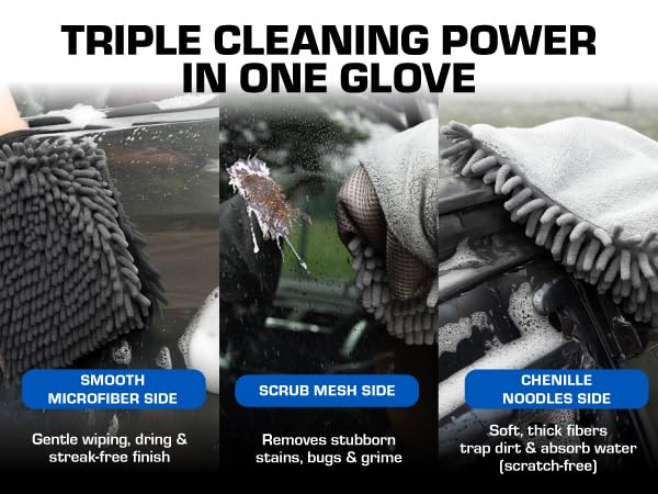 Premium 3-in-1 Car Wash Mitt Scratch Free, Cleaning Mitt, Microfiber Wash Mitts for Car Washing, Drying, and Scrubbing (2-Pack)