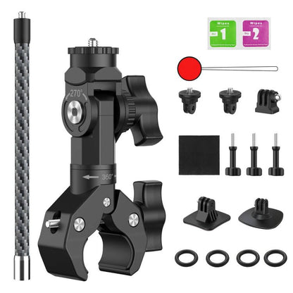 Action Camera Motorcycle Mount Bundle Compatible with Insta360 X5, X4, X3, X2, GO 3S, GoPro Hero 13/12/11, DJI Osmo Action 5 Pro - Heavy-Duty Handlebar Clamp & Helmet Extension Arm Kit