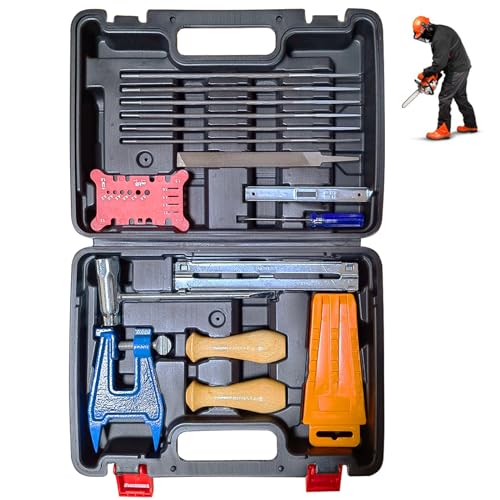 YEFA Chainsaw Chain Sharpening Kit with Hard Case - Contains T - Wrench, Blade Filing Guide, Handles, Depth Gauge, Stump Vise, Felling Wedge, Screwdriver, and More Accessories