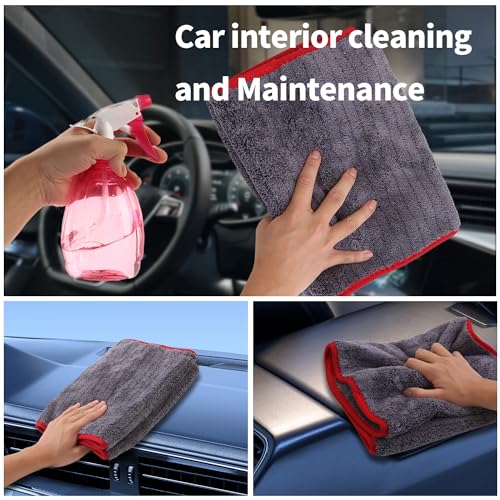 2-Pack 1200 GSM Car Drying Towels – Microfiber Towels for Cars (36" x 12"), Ultra-Absorbent, Streak-Free, Scratch-Free, No Water Spots, Double-Coral Fleece Microfiber & Gray & Red Hemmed Edges