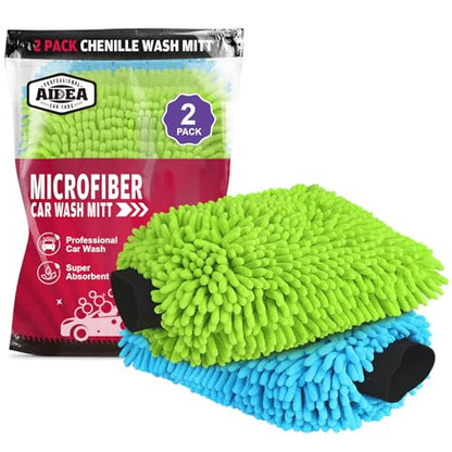 AIDEA Car Wash Mitt Microfiber, 2PK Scratch Free Lint-Free, Premium Chenille Microfiber Mitt Car Wash Brush, Green & Blue, Regular Size 7.12''X10.14'' - color: Green Blue, size: 2PK-7.12''X10.14''