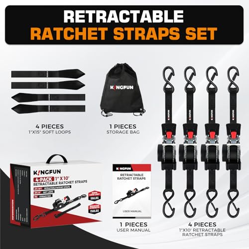 Kingfun Retractable Ratchet Straps (4-Pack) - 1 Inch x 10 Feet Auto Self Retracting Tie Down Straps - 1,760lb Break Strength Heavy Duty Cargo Straps for Motorcycle, ATV, UTV, Trailer & More - Black - color: Black
