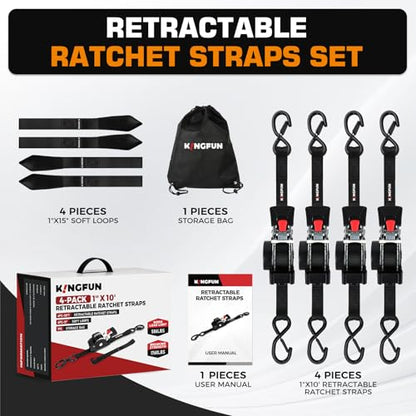 Kingfun Retractable Ratchet Straps (4-Pack) - 1 Inch x 10 Feet Auto Self Retracting Tie Down Straps - 1,760lb Break Strength Heavy Duty Cargo Straps for Motorcycle, ATV, UTV, Trailer & More - Black - color: Black