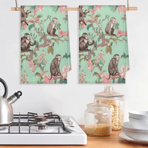 Monkey Tree Flower Kitchen Towels - Set of 2 Absorbent Drying Dish & Hand Towels for Home, Bathroom & Restaurants - color: Light Green