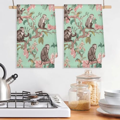 Monkey Tree Flower Kitchen Towels - Set of 2 Absorbent Drying Dish & Hand Towels for Home, Bathroom & Restaurants - color: Light Green