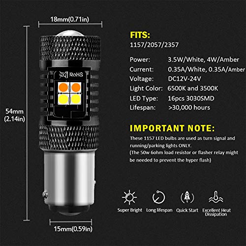AUXLIGHT 1157 2057 2357 7528 BAY15D P21/5W Switchback LED Bulbs 16SMD Chipsets Parking Lights/Daytime Running Lights/DRL and Turn Signal Lights with Projector replacement, White/Amber (Pack of 2) - size: 1157
