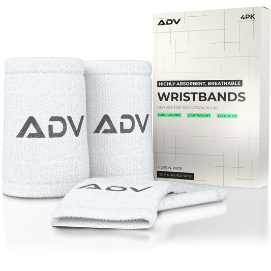 ADV Tennis Wristbands with New Age Polyester Cotton Blend - Ultra Absorbent Wrist Sweatbands - Doublewide & Slim Wrist Bands for Sweat - 4 Pack or 2 Pack - color: 4-Pack White, size: Small