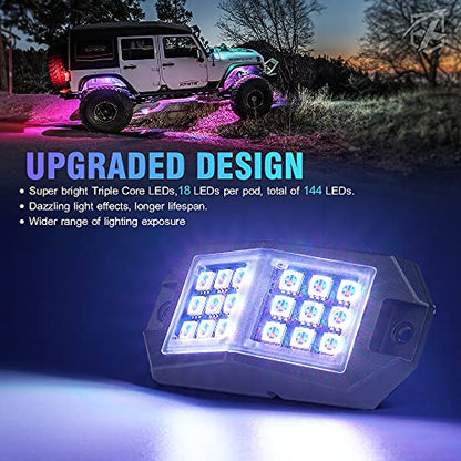 Xprite 8 Pods Rock Lights Wide Angle Bluetooth RGB Rocklights, Multicolor Neon Lighting Footwell Underglow Kits w/Wireless Remote, Compatible Jeep UTV ATV SUV RZR Off-Road Trucks Cars Boats - color: Wide Housing, size: 8 Pods