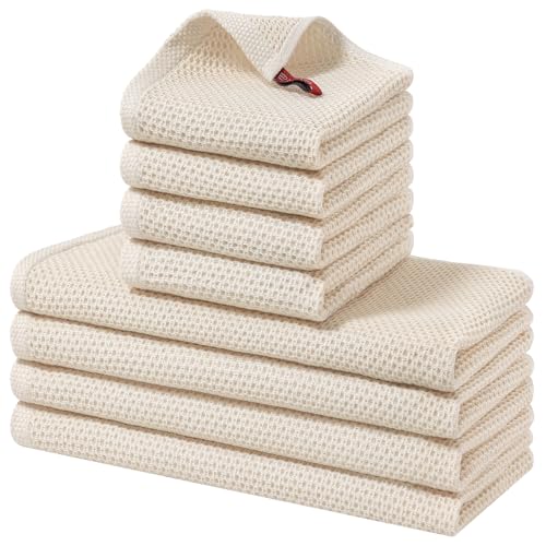 Homaxy 100% Cotton Kitchen Towels and Dishcloths Set, 12 x 12 Inches and 13 x 28 Inches, Set of 8 Bulk Kitchen Towels Set, Ultra Soft Absorbent Dish Cloths for Washing Dishes, Beige - color: Beige, style: 8-Piece Set