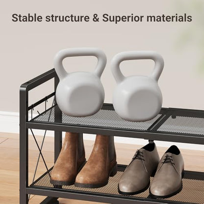 ELYKEN Shoe Rack, 2-Tier Expandable Shoe Organizer for Closet, Metal Black Shoe Shelf with 4 Hooks, Adjustable Shoe Stand Holder for Entryway, Garage, Door Entrance - size: 2-Tier