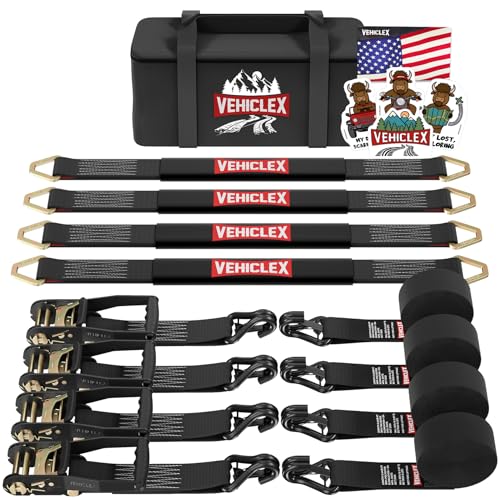 Vehiclex Car Tie Down Kit with Axle Straps 4PCS — 2" Reinforced Axle Straps + Heavy Duty Ratchet Straps with Double J-Hooks for Cars, Trucks & UTVs - style: Car Tie Down kit