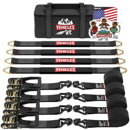Vehiclex Car Tie Down Kit with Axle Straps 4PCS — 2" Reinforced Axle Straps + Heavy Duty Ratchet Straps with Double J-Hooks for Cars, Trucks & UTVs - style: Car Tie Down kit