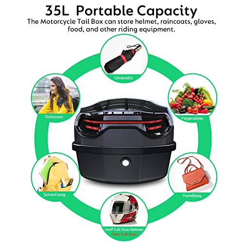 35L Motorcycle Top Case, Motorcycle Daily Tail Box Trunk Lockable Storage Carrier Plastic Case with Soft Backrest Universal Mounting for Helmet Luggage, Waterproof Motorcycle Top Box - Black
