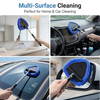 Car Windshield Cleaner Tool (2-Pack) with Extendable Handle, Inside Auto Window Glass Cleaning Kit with 8 Washable Microfiber Pads & Spray Bottle, Streak-Free Defogger Wand for Deep Dashboards