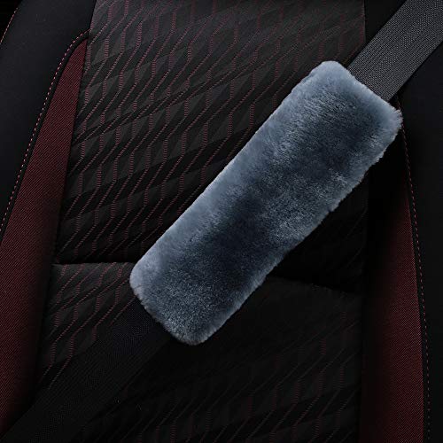 OGLAND Genuine Sheepskin Car Seat Belt Cover Pad-Soft Fuzzy Fluffy Seatbelt Covers-Comfy Shoulder Pad Neck Cushion Protector for Woman, Man, Girl Car Accessories (1Pcs/Blue Gray) - color: Blue Grey