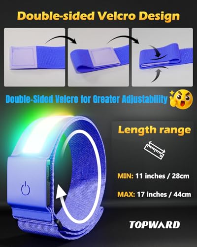 Topward LED Armband 2 Pack, Light up Reflective Arm Bands Glow Bracelets, Running Lights for Runners Dog Walking - 5 Colors 11 Light Modes - Adjustable Velcro - Rechargeable - color: Blue
