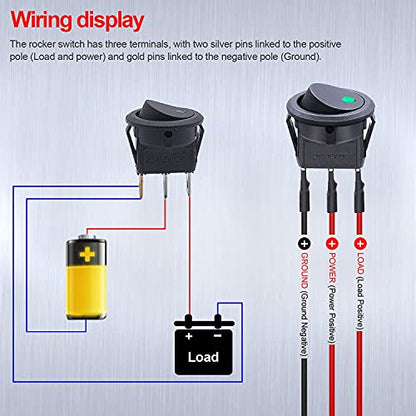 Twidec/8Pcs SPST Round Dot Lighted Rocker Switch Toggle Control for Car Or Boat 20A 12V DC On/Off Green LED Light with Pre-soldered Wires KCD2-102N-G-X - color: Green LED-Round