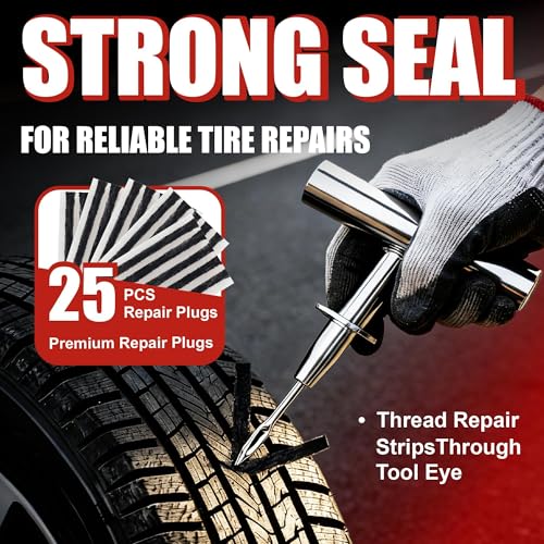 AWELCRAFT 36-Piece Tire Repair Kit – Heavy Duty Flat Tire Plug Kit with T-Handle Tools, 25 Rubber Plugs, 4-Way Valve Tool, Pliers, Folding Knife – Portable Tool Bag – Universal for Car - size: 36 Piece Repair Kit