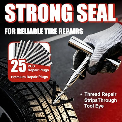 AWELCRAFT 36-Piece Tire Repair Kit – Heavy Duty Flat Tire Plug Kit with T-Handle Tools, 25 Rubber Plugs, 4-Way Valve Tool, Pliers, Folding Knife – Portable Tool Bag – Universal for Car - size: 36 Piece Repair Kit