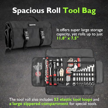 Mofun 64-Piece Motorcycle Tool Kit Universal with Roll Pouch Roadside Travel Wrenches, Ratchet Universal Compatible with Cars Fit Trucks Fit Motorcycles Fit Suzuki Dirt Bikes Fit BMW Fit ATVs, Black - color: Black