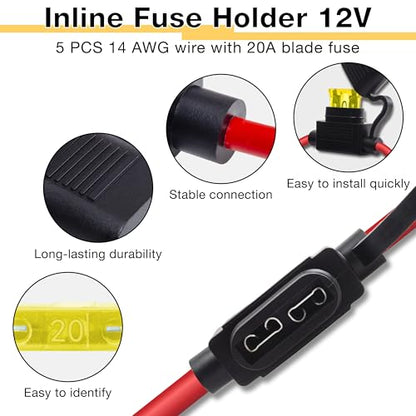 ecocstm 5 PCS Inline Fuse Holders 12V, 14 AWG Car Gauge Inline Fuses, Waterproof Fuse Holder with 20A ATC/ATO Standard Blade Fuses for Automotive, Marine, Golf Cart Lighting, Electrical Circuits - size: 5 PCS 14AWG