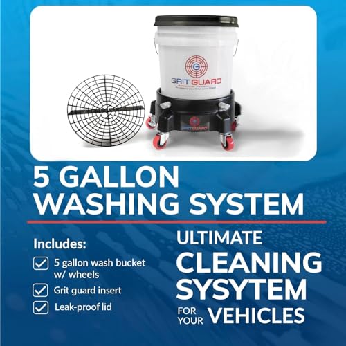 Grit Guard 5 Gallon Washing System | Includes 5 Gallon Bucket, Grit Guard, Bucket Dolly, and Gamma Seal Lid | for Car Wash and Detailing | Black - Made in the USA - color: Black