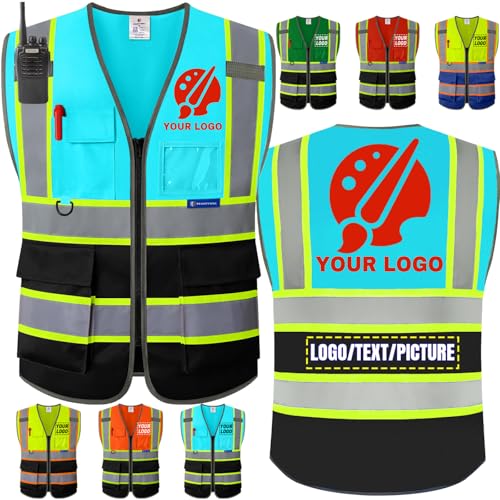 BeautyWill Personalized Team Vest: Class 2 Hi-Vis Safety Vest for Men | Custom Logo & 5 Reflective Pockets - color: 003-blueblack-knit-1pcs, size: 3X-Large