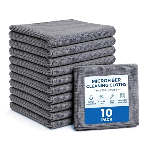Multi-Purpose Microfiber Cleaning Cloths, Grey, 10 Pack, 9.8" x 9.8" | Highly Absorbent, Kitchen Dish Towels, Lint-Free, Reusable, For House, Car, Window - color: Grey