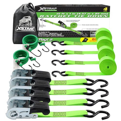 XSTRAP STANDARD 4 Pack 1" x 15Ft Ratchet Tie Down Straps - 500Lbs Load Cap, 1500Lb Break Strength, Includes 2 Bungee Cords for Moving Appliances & Motorcycle, Green - style: 4pk 1inchx15ft 1500lbs green with 2 Bungee Cord