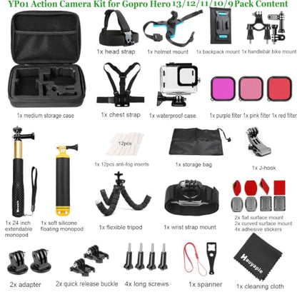 Accessories Kit Pack for Go pro 13 12 11 10 9 Hero Black, Waterproof Housing Case Backpack Shoulder Strap Mount Motorcycle Helmet Chin Mount Bundle for Gopro Hero13 12 11 10 9 Camera(YP01)