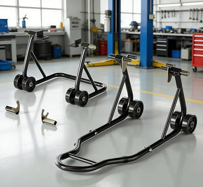 Motorcycle Stands Front and Rear Combo, 850 lbs Motorcycle Paddock Stand Set with U & L Swingarm Adapters, Universal Motorcycle Lift Stand for Honda Yamaha Kawasaki Suzuki Ducati BMW