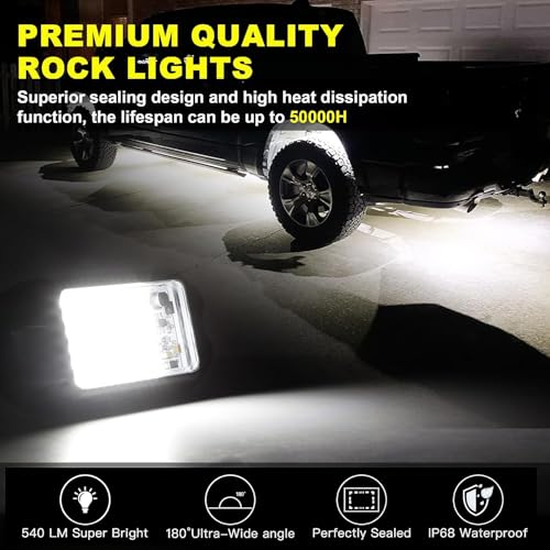 Nicoko 8 Pods 6000K pure White Rock lights Aluminum 9-30V Underglow Lights IP68 Waterproof Neon Trail Rig Lamp Lighting for SUV Car Truck Motorcycle Boat ATV UTV - size: Pure white rock lights - 8 pack