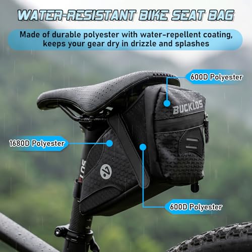 BUCKLOS Bike Saddle Bag, 0.8L Water Resistant Under Seat Bag, 3D Shell 600D Polyester Cycling Wedge Pack with Reflective Strips & Taillight Hanger for Mountain & Road Bikes, Black