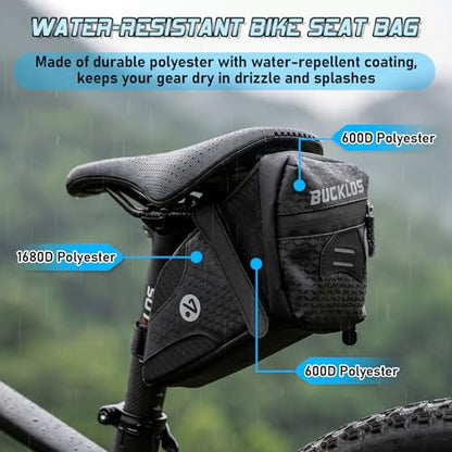BUCKLOS Bike Saddle Bag, 0.8L Water Resistant Under Seat Bag, 3D Shell 600D Polyester Cycling Wedge Pack with Reflective Strips & Taillight Hanger for Mountain & Road Bikes, Black