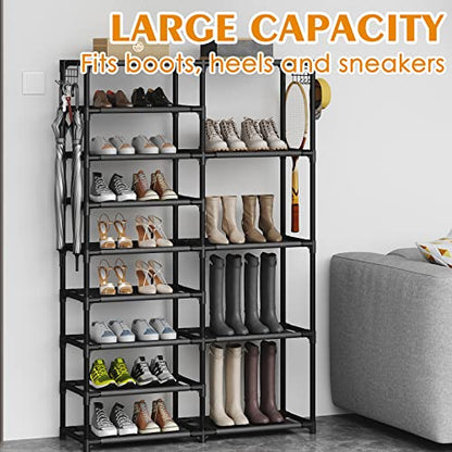 CSXGBAB Tall Garage Shoe Rack Large Capacity,Two Rows Versatile Hooks Storage Boot Shelf Black 24-35 Pairs - size: 9-tier