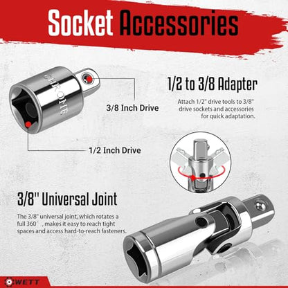 WETT 12Pcs Spark Plug Socket Set, 3/8" Drive Ratchet Handle with Mirror Polished Sockets, Spark Plug Gapper, Universal Joint and Extension Bar, Spark Plug Removal Tool with Rubber Retaining Ring
