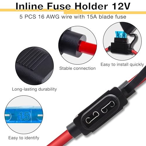 ecocstm 5 PCS Inline Fuse Holders 12V, 16 AWG Car Gauge Inline Fuses, Waterproof Fuse Holder with 15A ATC/ATO Standard Blade Fuses for Automotive, Marine, Golf Cart Lighting, Electrical Circuits - size: 5 PCS 16AWG